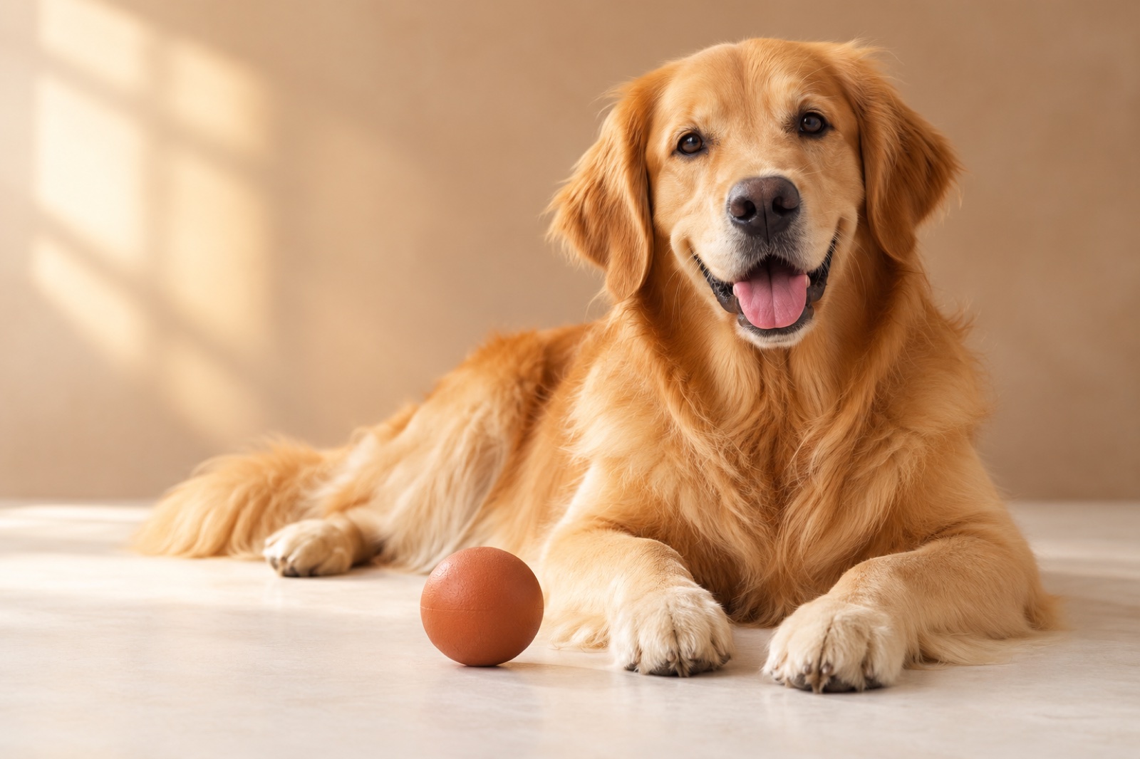 Illustrative AI portrait of a golden retriever with a ball; not a resort guest